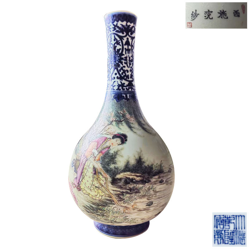 大清乾隆年制款青花(huā)粉彩人物(wù)故事胆式瓶