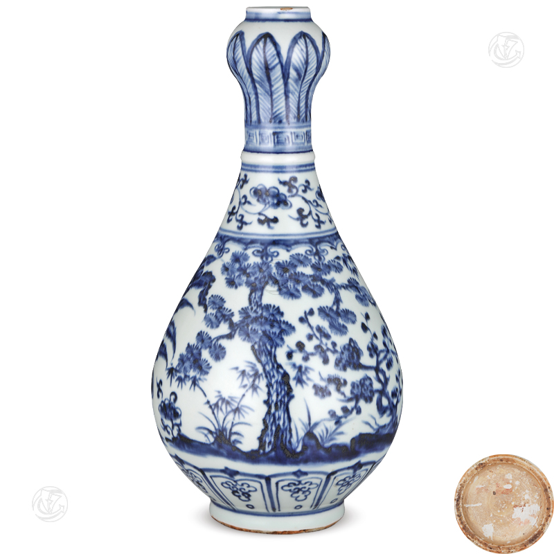 元末明初青花(huā)岁寒三友蒜头瓶